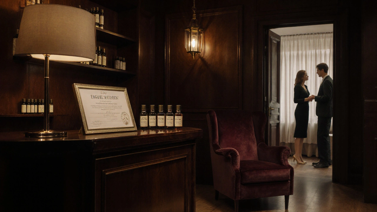 Elegantní recepce spa v Praze, certifikát, otevřené dveře k soukromé místnosti, pár konzultuje.