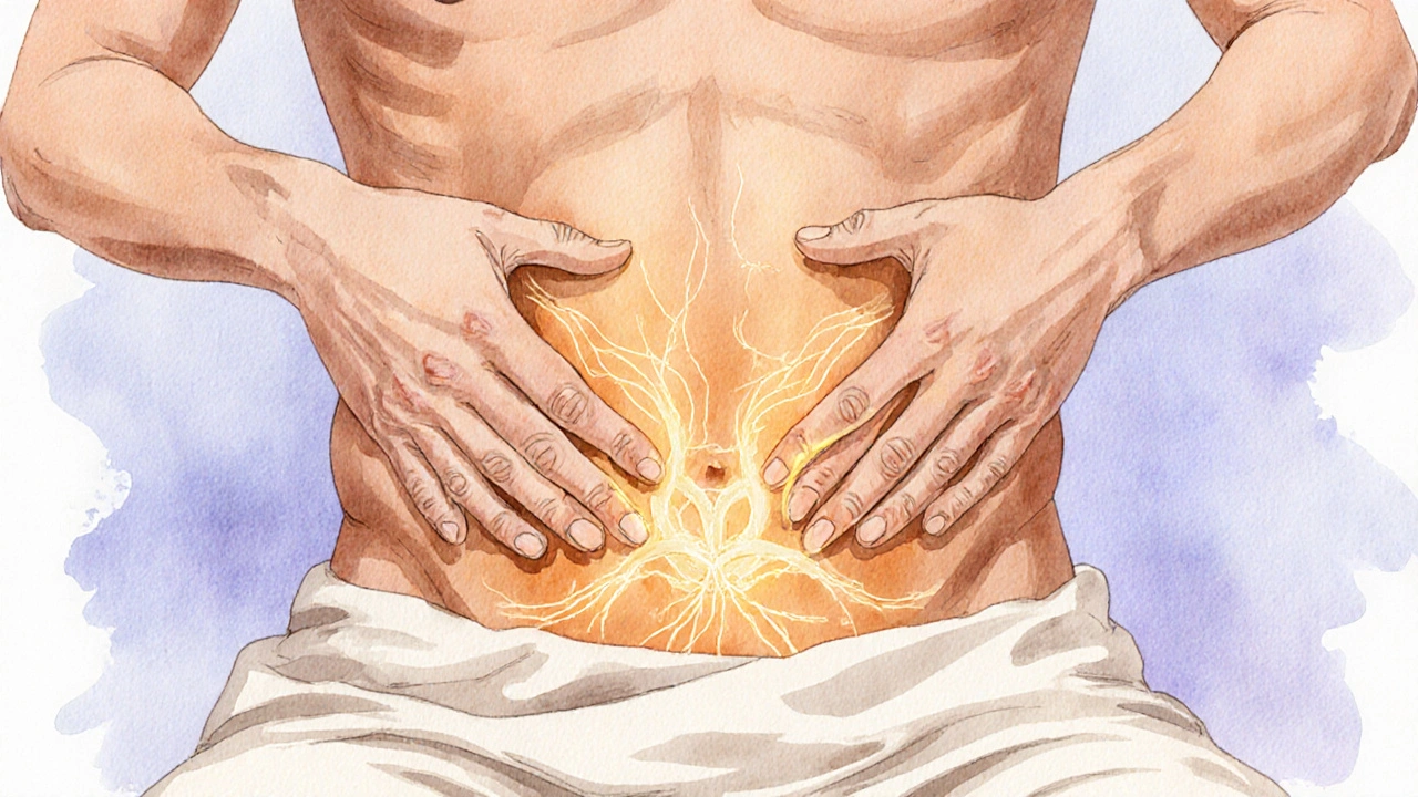 Ilustrace rukou terapeuta nad pánví, z nichž vychází zlaté energie.