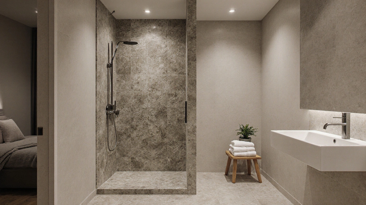 Private bathroom next to tantra room with stone tiles, folded towels, and soft lighting, no mirrors.