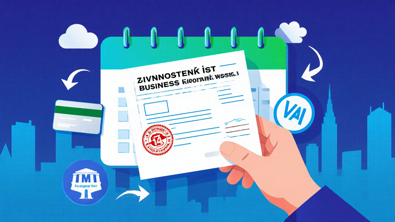 Ruka drží schválený živnostenský list, vedle kalendář a symboly podnikání.