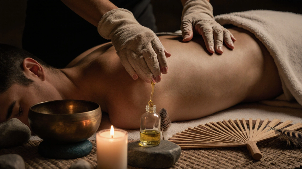 Therapist's hands using rabbit-skin gloves to apply oil during a tantra massage, with feathers and glass vial nearby.