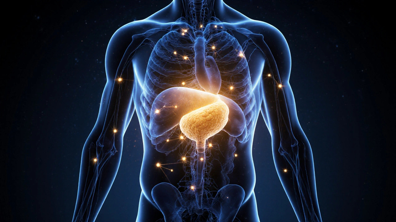 Abstraktní obrázek prostaty jako svítícího jádra spojeného s srdcem a mozkem.