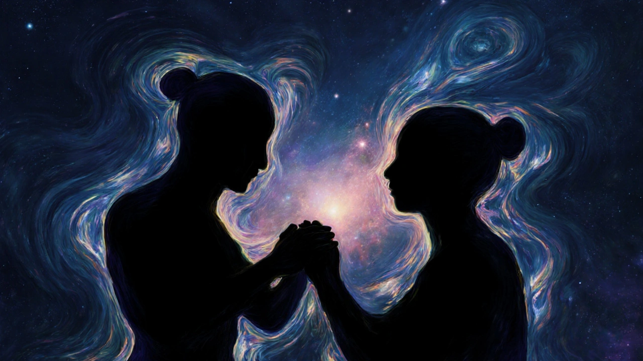 Abstraktní siluety dvou lidí se slučují v jednom plynulém tvaru, symbolizující bezcílový dotek a propojení energie.