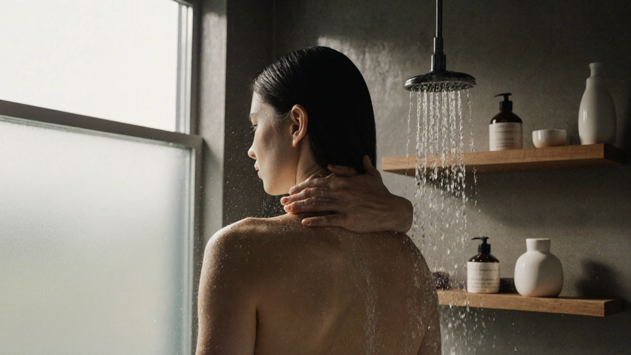 Člověk stojí v sprše s očima zavřenými, voda a dotek maséřky vytvářejí klid.