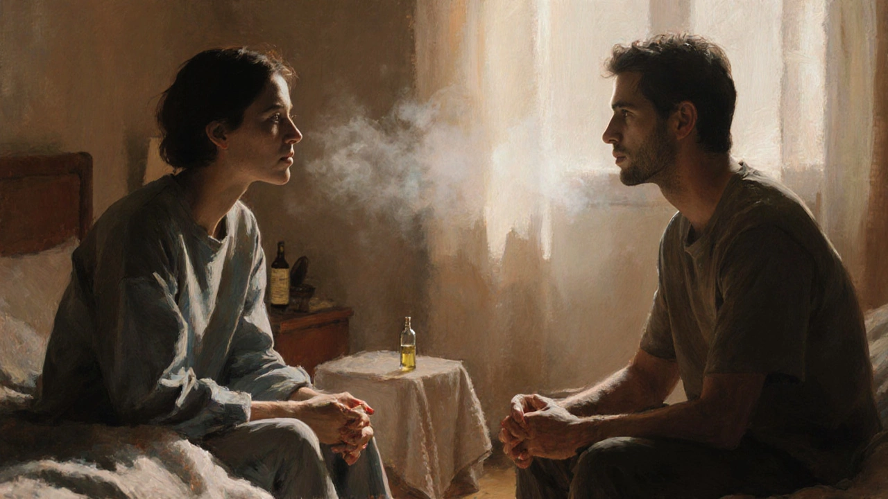 Dva partneři se navzájem pozorují bez doteku, jen klidný pohled a přítomnost.