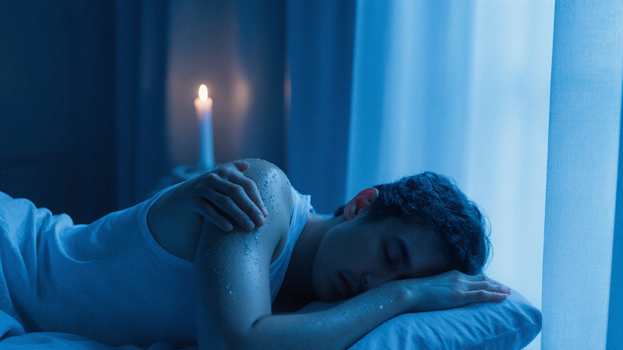 Dvojice leží vedle sebe, jedna ruka pomalu hladí rameno druhého v klidné noci.