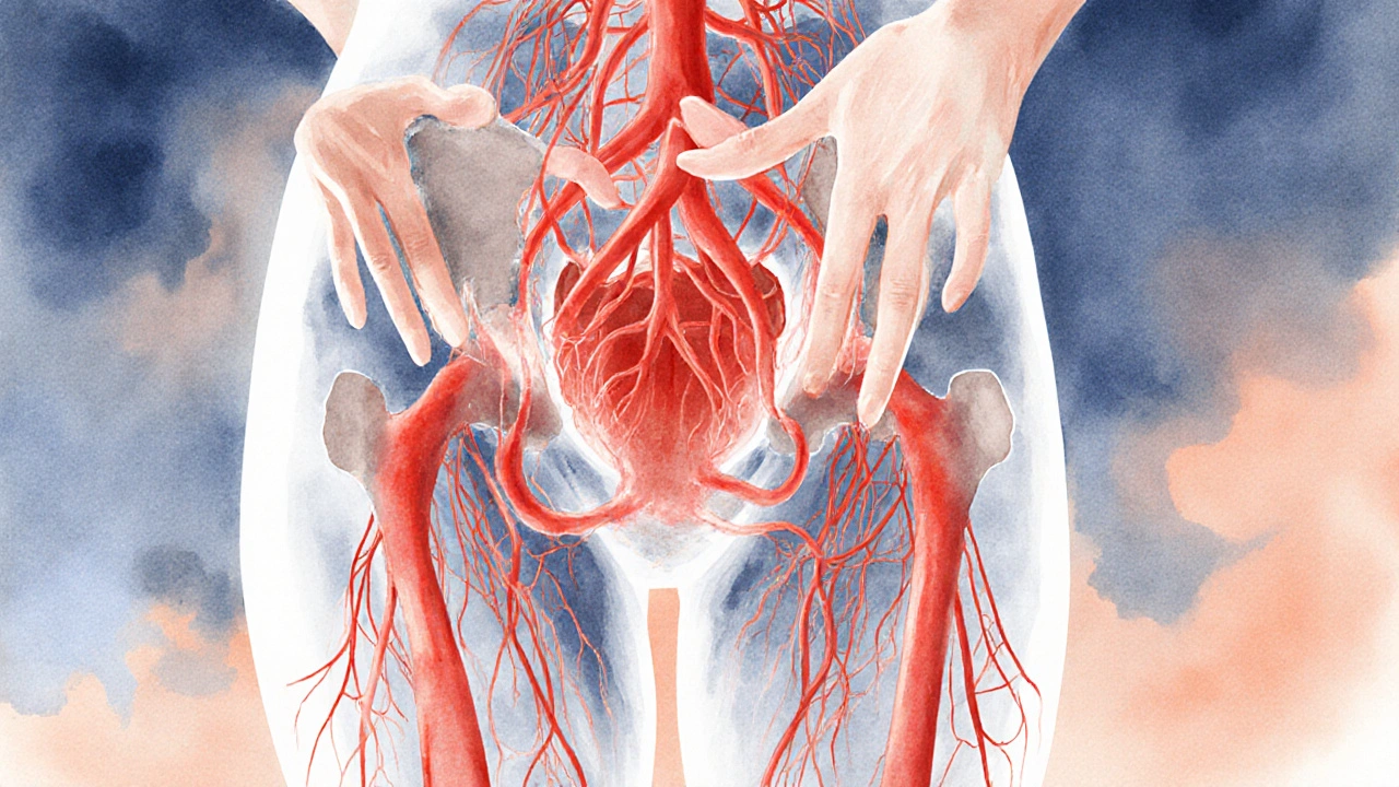 Luminální síť cév s prouděním krve v pánvi a končetinách, symbolizující zlepšený oběh.