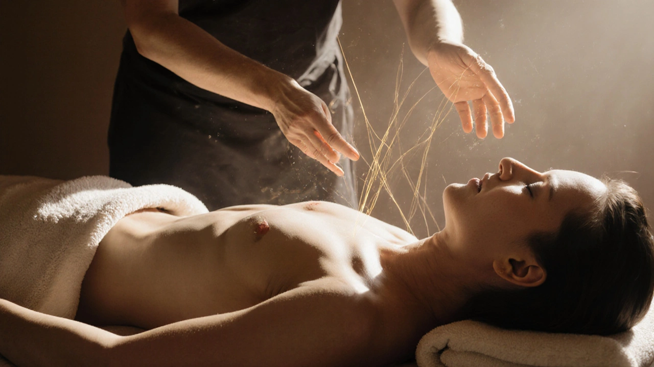 Masožér a klient jsou spojeni jemnými zlatými energetickými čárami, zatímco se oba uvolňují v tiché, meditační přítomnosti.