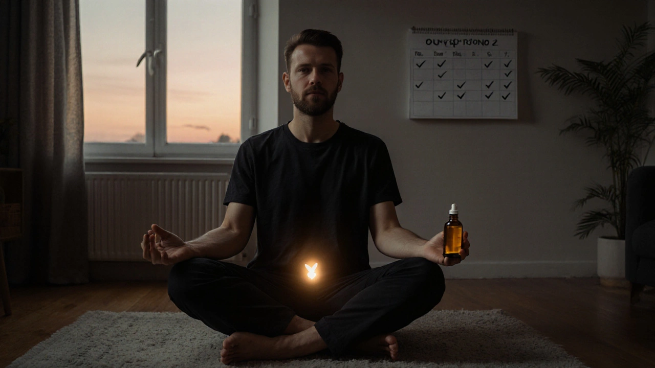 Muž doma medituje s olejem, kalendář ukazuje čtyři týdny praxe.