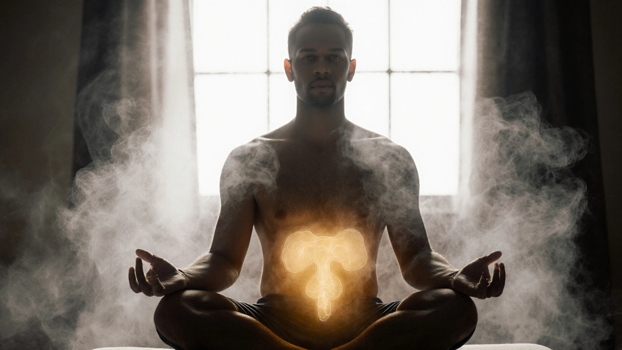 Muž po masáži sedí v meditační poloze, z jeho břicha se vynořuje jemné zlaté světlo.