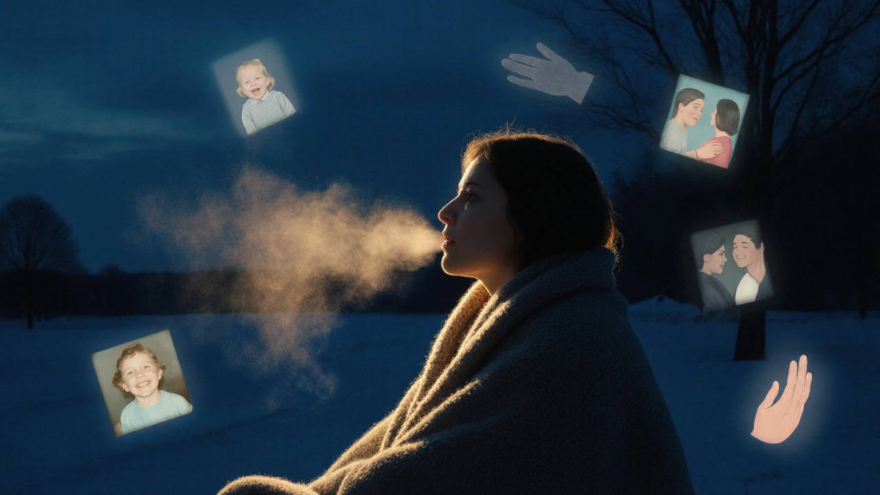 Osoba zabalena do deky v soumraku, z jejího těla stoupá zlatý mlhavý dech.