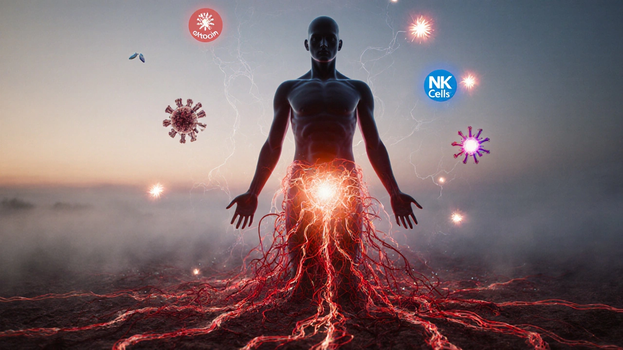 Postava vystupující z tkaniny napětí do světla a vitality s proudy krve.