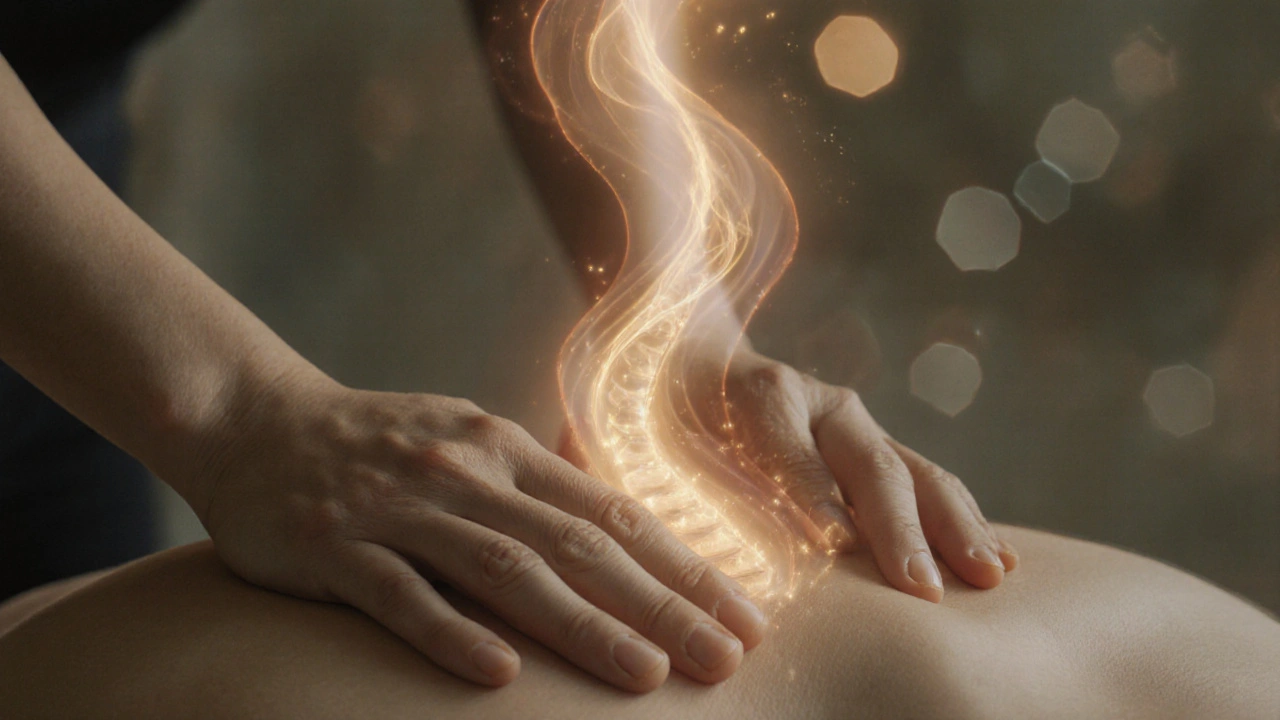 Ruce maséřky na zádech, energie proudí tělem s hlubokým dechem.