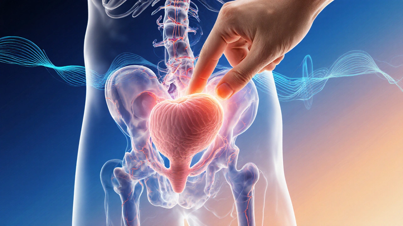 Stylizovaný vnitřní pohled na prostatu s jemnou stimulací a tečkujícími vlnami pohody.