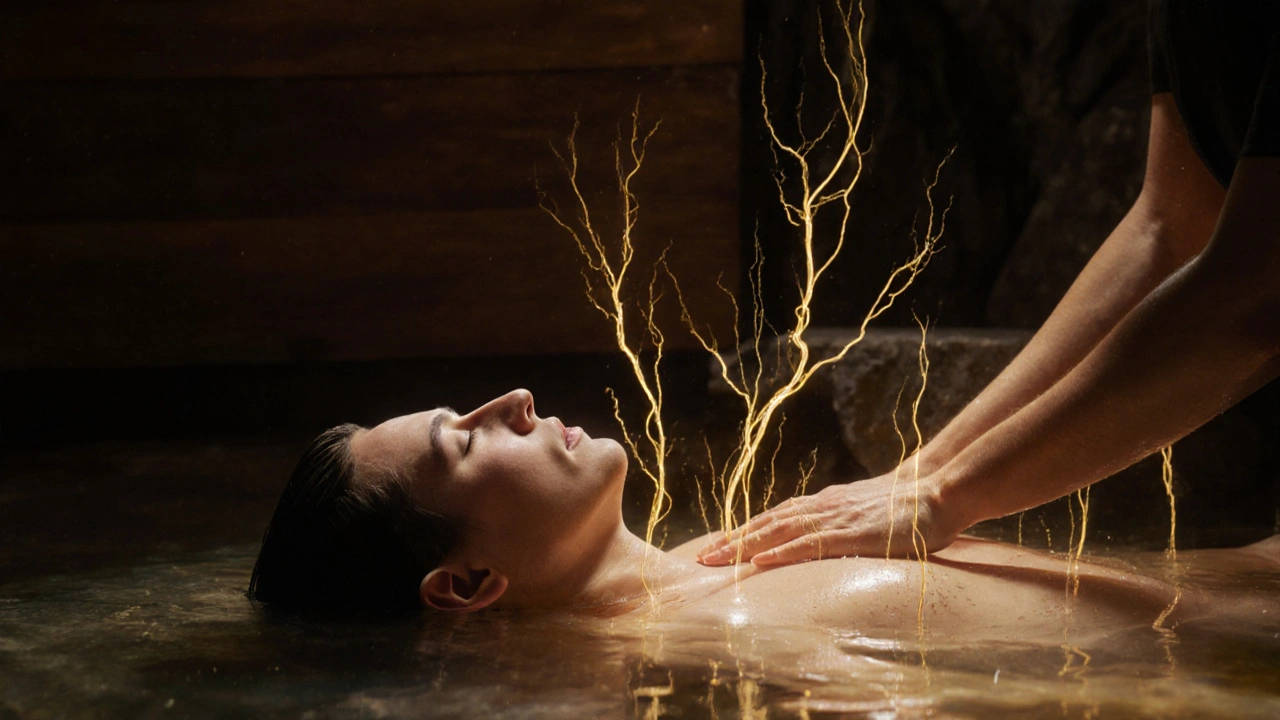 Symbolický obraz doteku a vody, které rozptýlí stres a obnoví vnitřní klid.