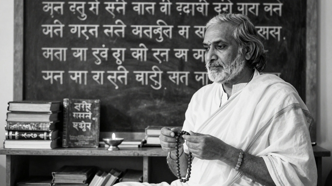 Duchovní lektor stojí u knih a altáru s tradicí, drží mala, v pozadí jsou sanskritské mantry.