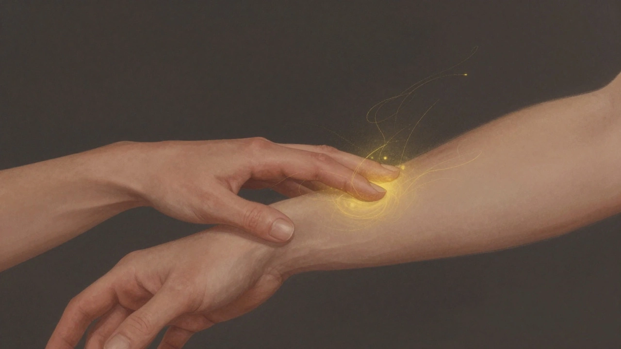 Dvě ruce se dotýkají v jemném kontaktu, symbolizující znovunalezení vlastního těla.