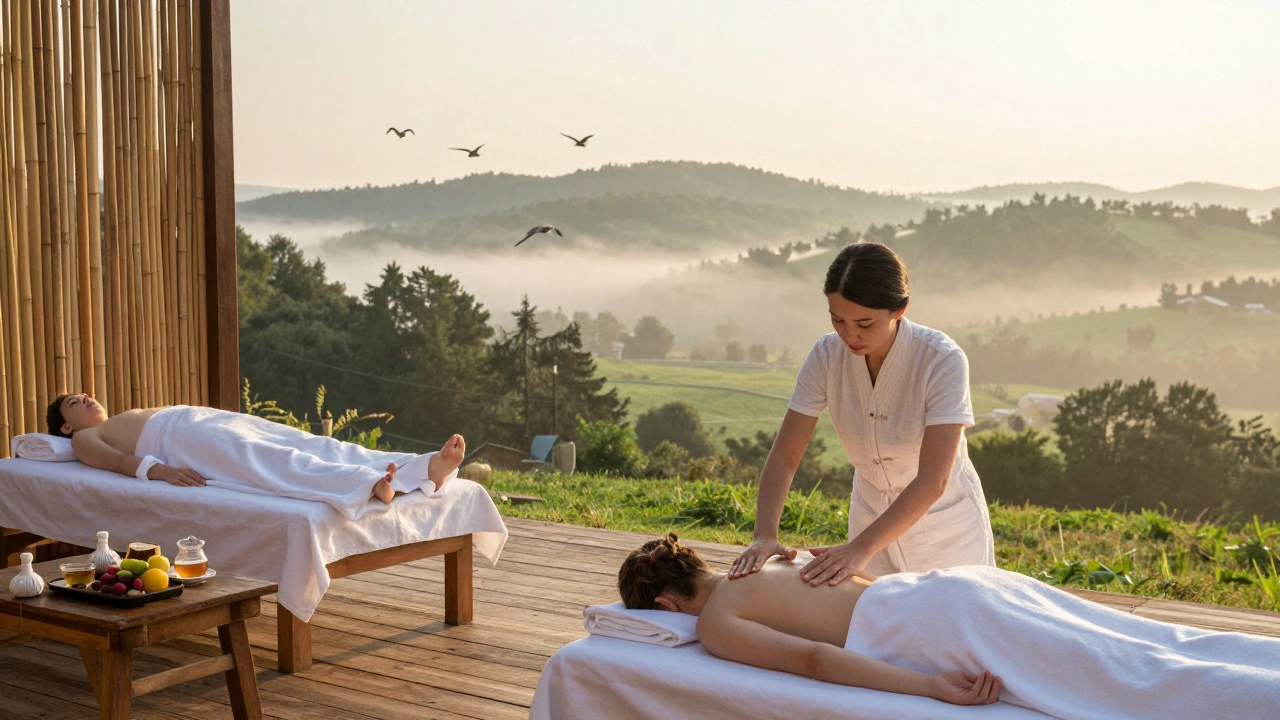 Dvojice dostává masáž venku v přírodě s pohledem na lesy a mlhu při východě slunce.