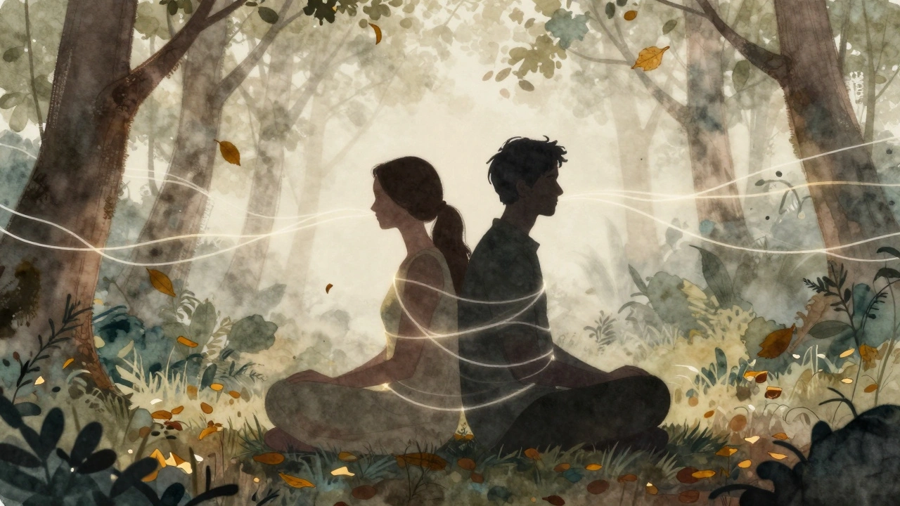 Dvojice sedí zády k sobě v lese, spojení symbolizováno světelnými vlákny.