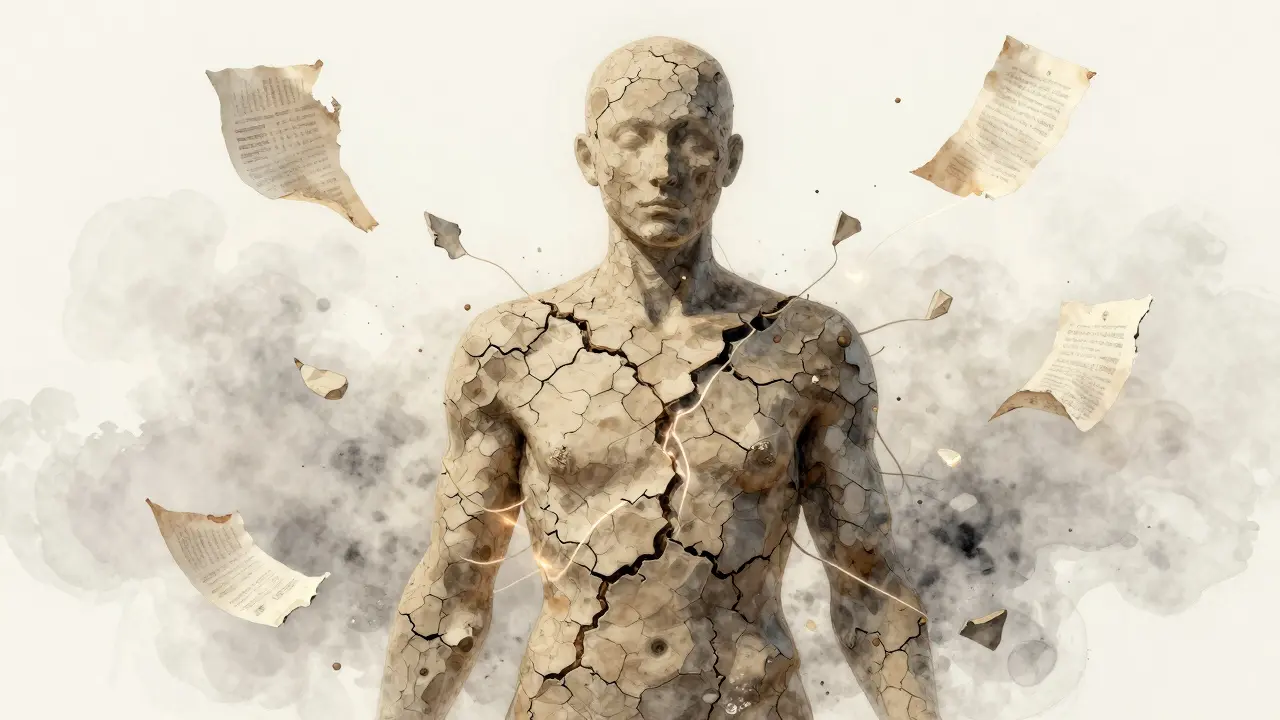 Křehká silueta člověka s trhlinami, které svítí zevnitř, rozpadající se kousky pamětí se mění v mlhu.