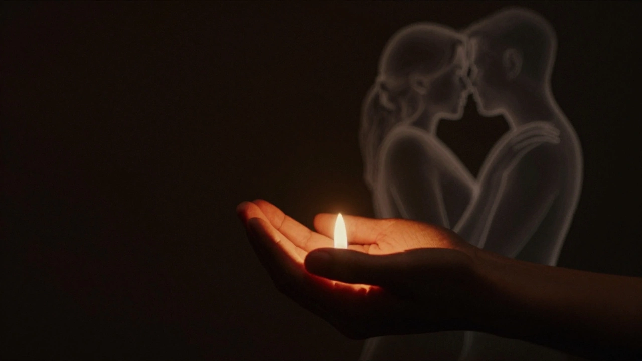 Mužské ruce drží zářící uhlík v temnotě, v pozadí se objevuje stín dvojice.