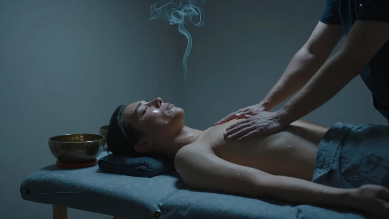 Osamělá osoba zažívá mystickou tantrickou masáž s tibetskými zvonky a jemným kouřem kadidla.