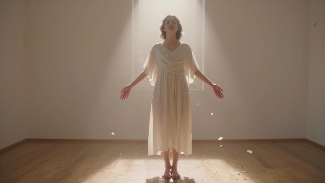 Osoba stojí nahá na dřevěném podlaze, obklopená jemným světlem, jako by se probouzela k sobě.