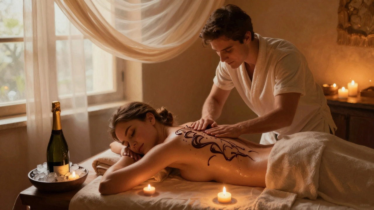 Pár si užívá čokoládovou masáž s šampaňským a svíčkami v romantickém prostředí spa.