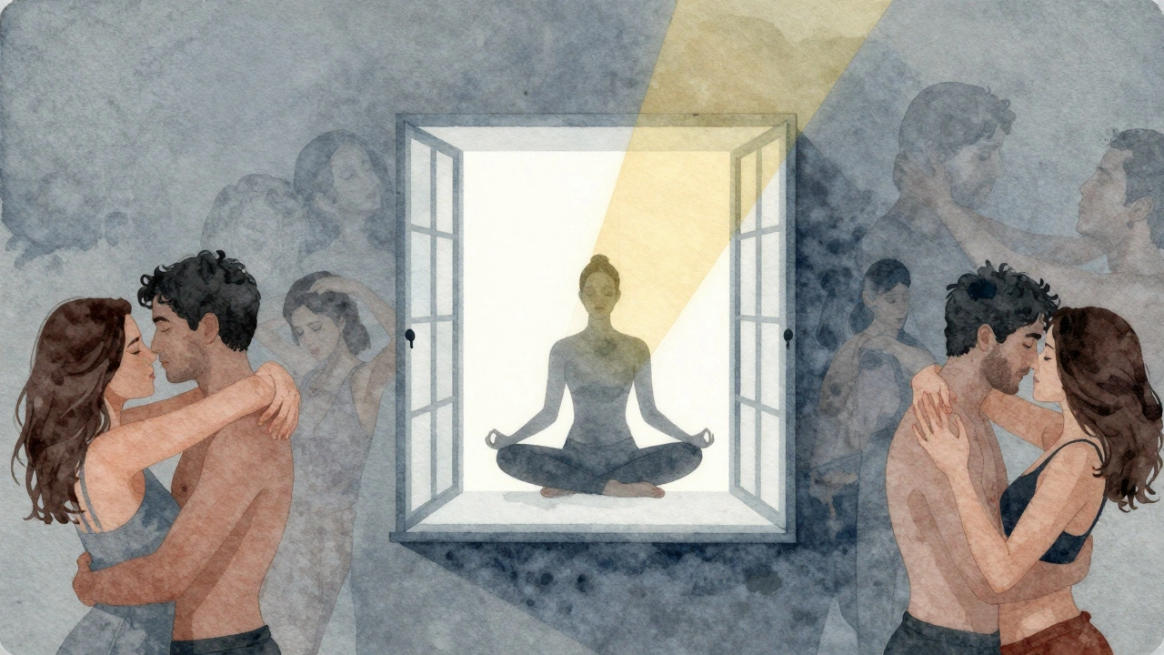 Průhledné okno odděluje autentickou meditaci od falešných reklamních obrázků intimních pozic.