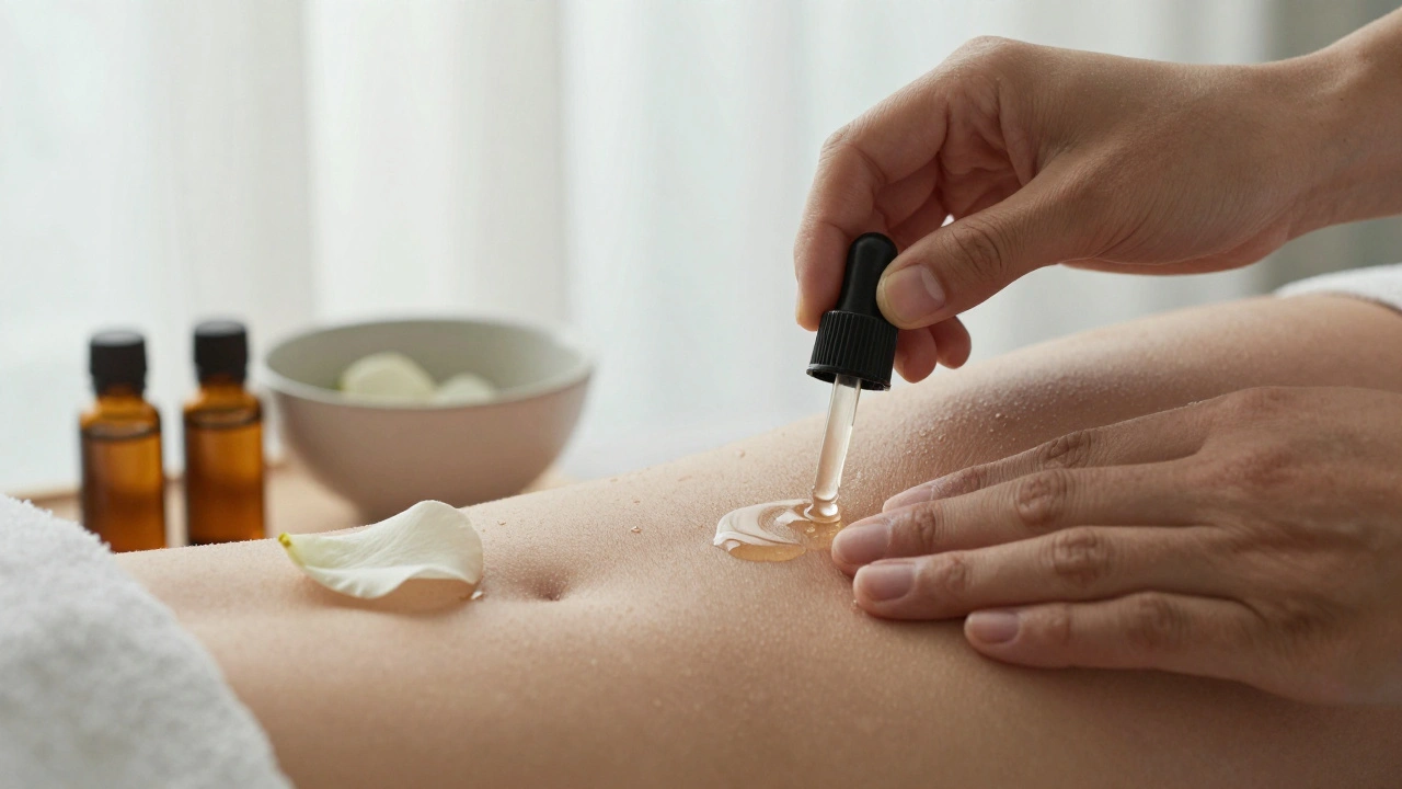 Ruce aplikují přírodní olej na ženskou intimitu při měkkém osvětlení, kolem jsou lahvičky s esenciálními oleji.