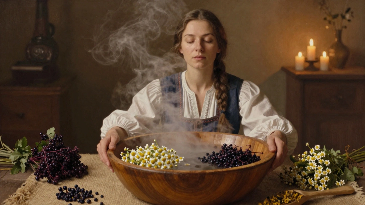 Žena sedí nad parou z bylin, výpary se vinou kolem ní, okolo jsou sušené bylinky na plátně.