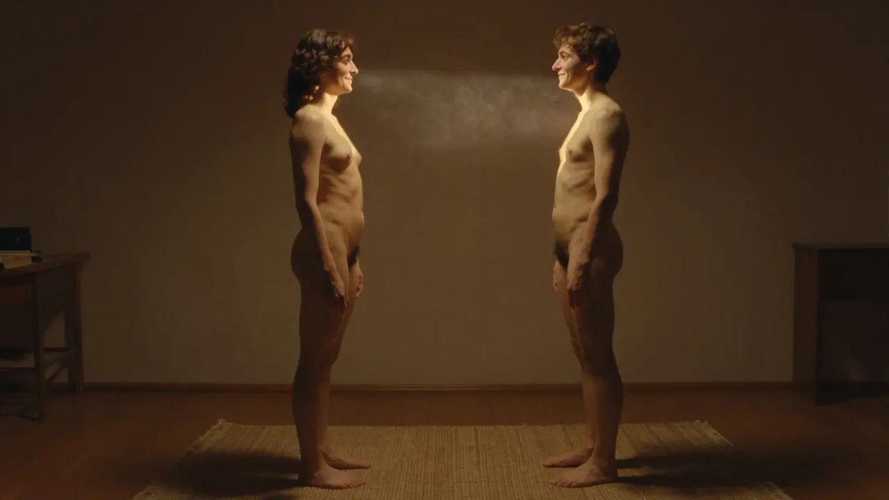 Dva lidé stojí nazí naproti sobě, pohled do očí, společný nádech, teplé osvětlení, ticho.