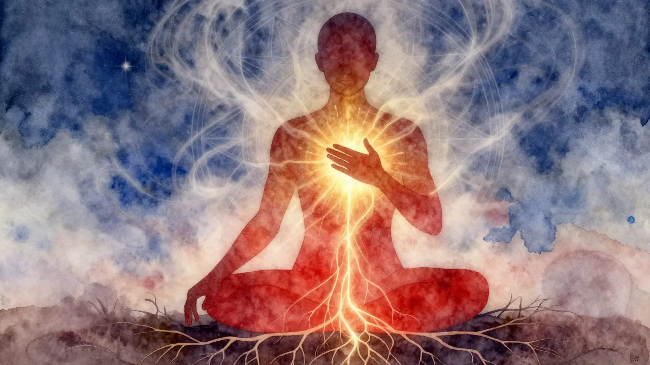 Kresba lidské postavy s proudy energie od nohou k srdci, kořeny se táhnou do země.