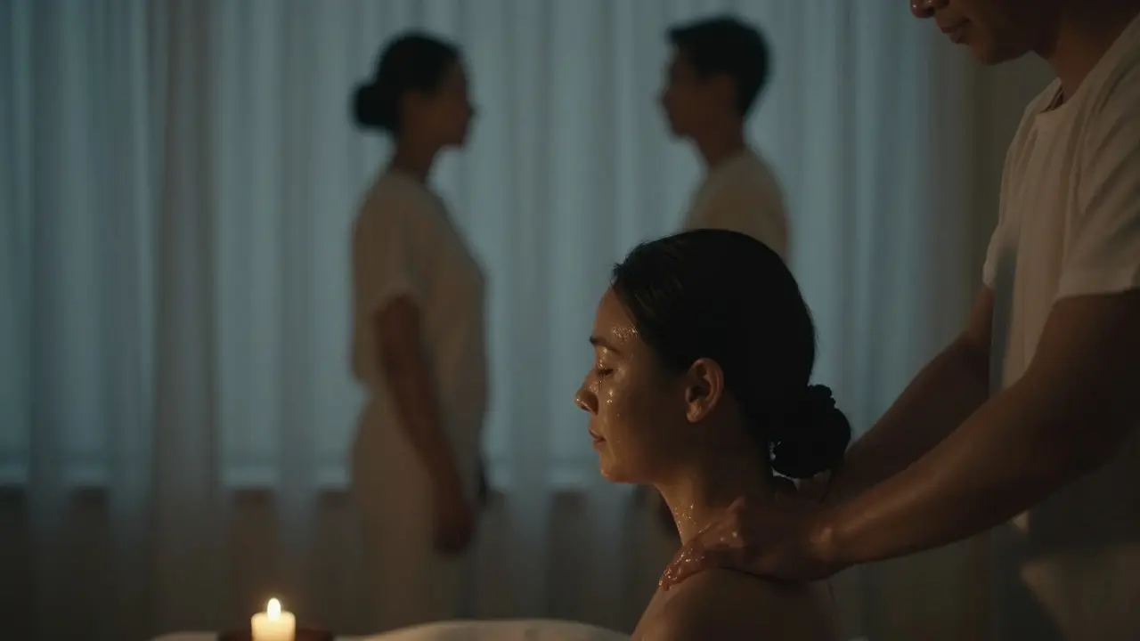 Masažér jemně dotýká ramene klienta, světlo z svíček, slzy na tváři, klid a uvolnění.