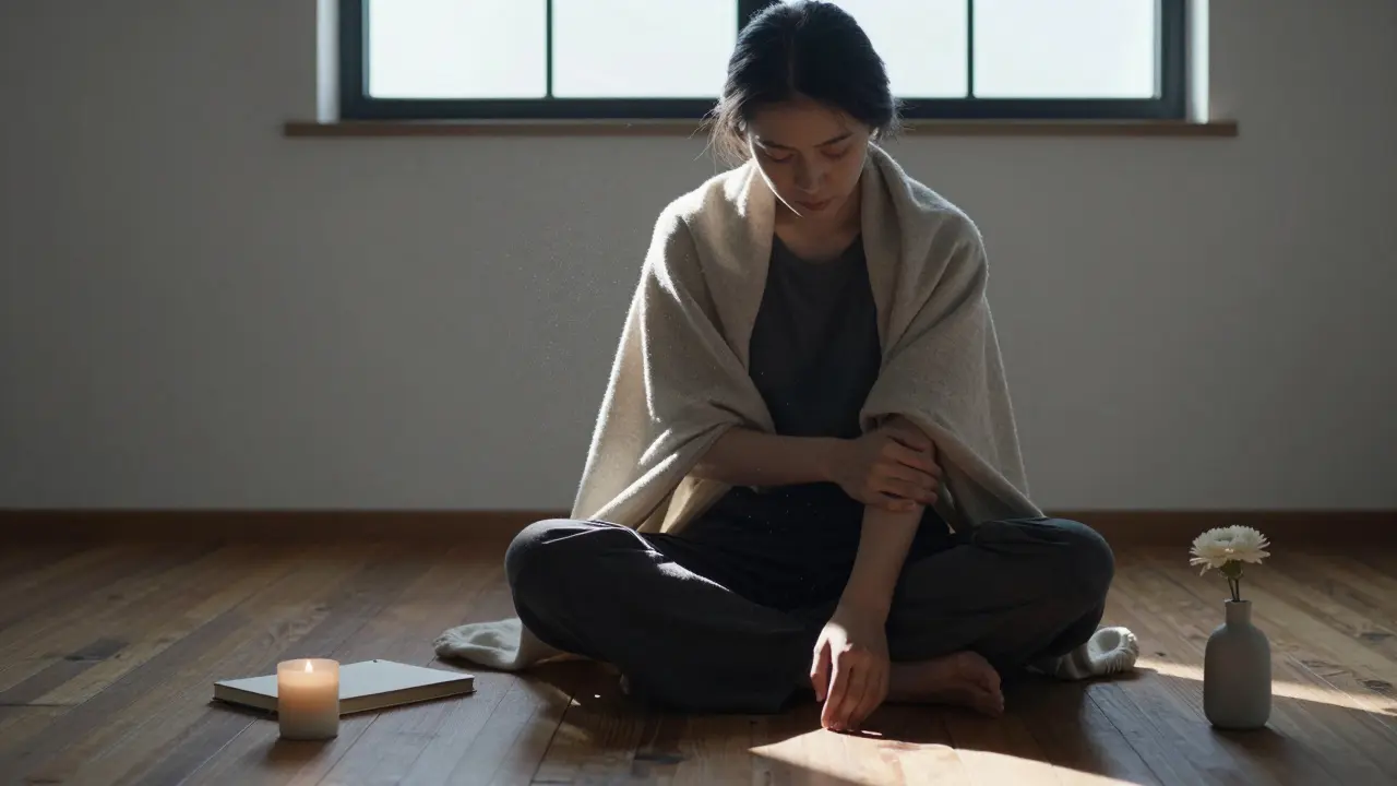 Osamělá osoba si jemně masíruje paži v klidu rána, vědomě se dotýká vlastního těla.