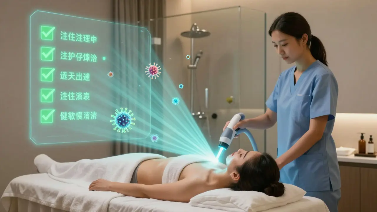 Přehled hygienických postupů v masážním salonu s vizualizací odstraňování bakterií.