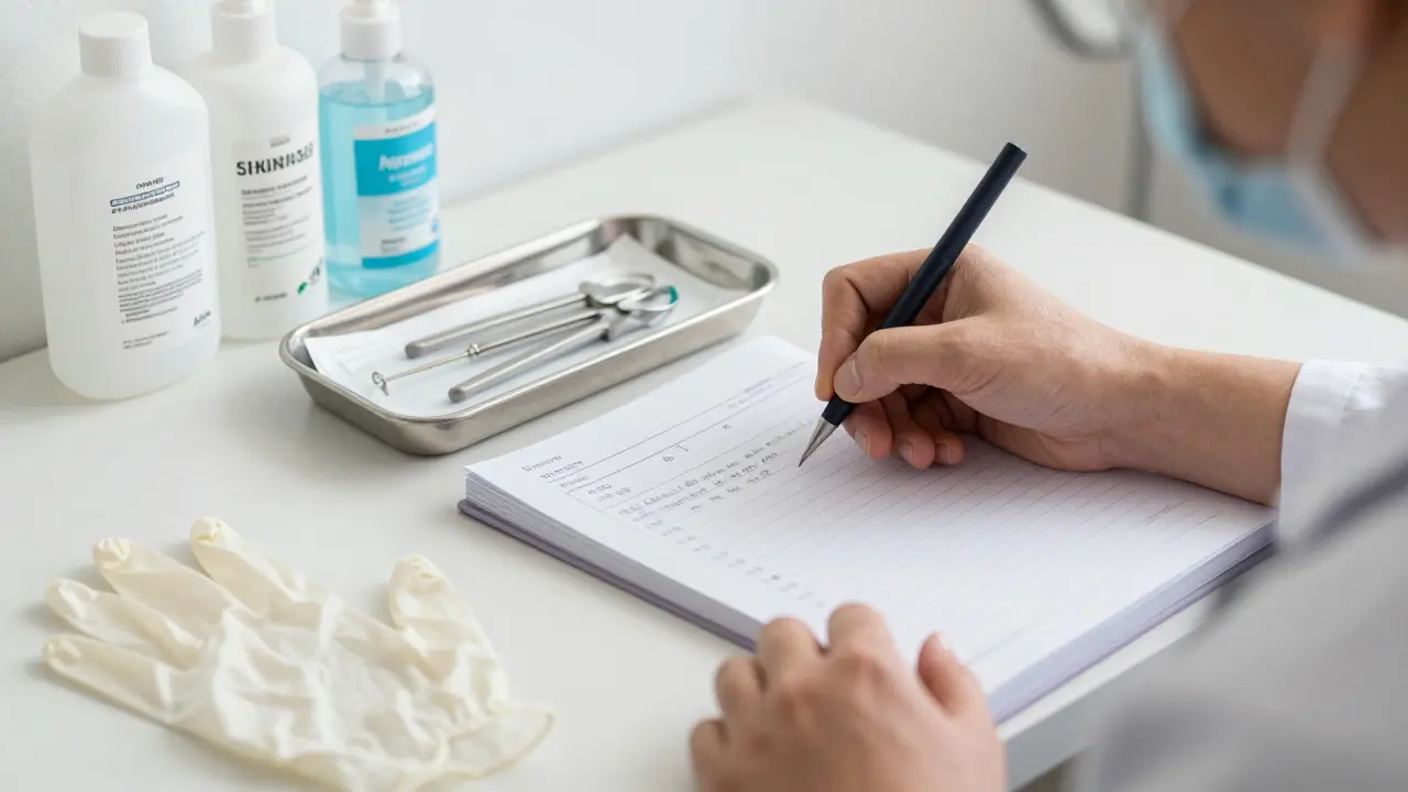 Terapeutka zapisuje dezinfekci nástrojů do knihy vedle sterilně zabalených pomůcek.