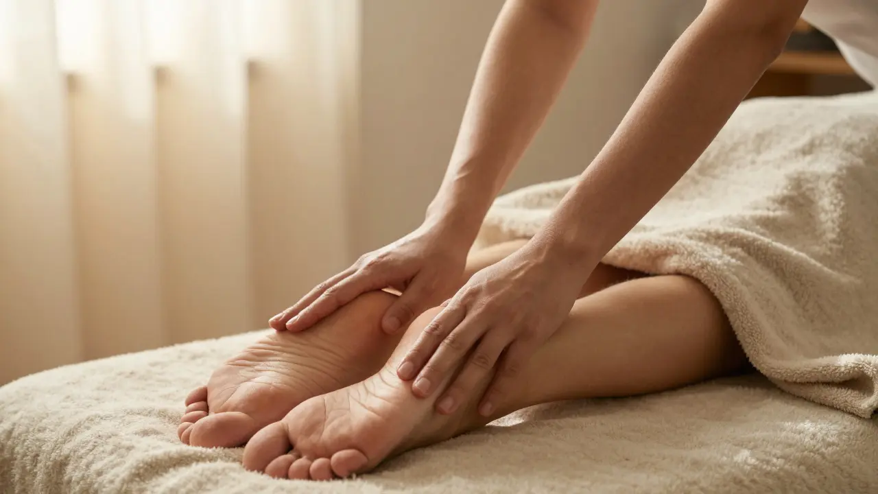 Jemný dotyk na nohách během tantrické masáže, osoba leží s očima zavřenými.