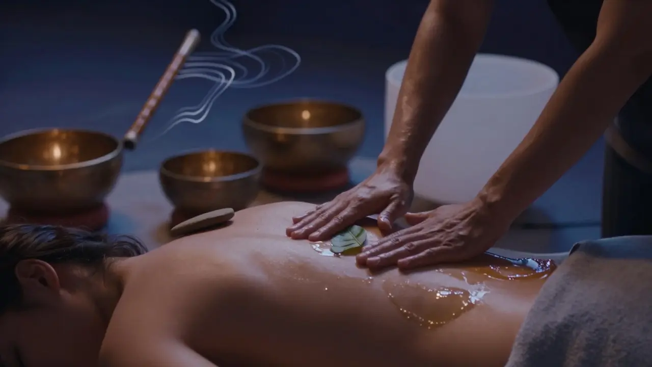 Maséřovy ruce provádějí pomalé kruhové pohyby na zádech, zvuky tibetských misek jsou viditelné jako vlny, teplé kameny leží na páteři.