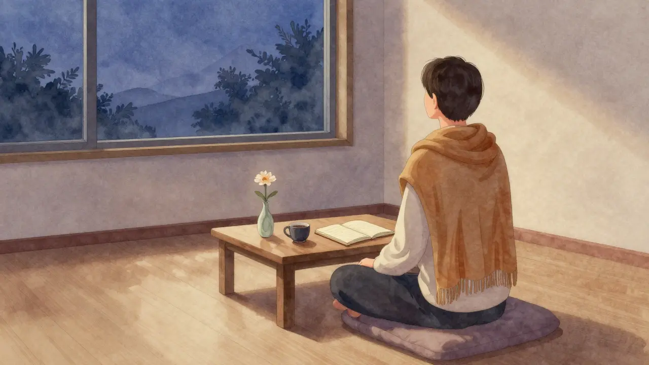 Osoba sedí v klidu po masáži, pokoj je tichý, s teplou plachtou a květinou na stole.