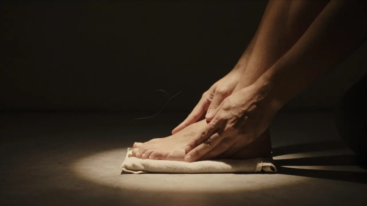 Pouze teplý kousek látky na chodidlech, maséřovy prsty téměř neviditelně dotýkají kůže, ticho a tma kolem, jen jediné světlo.