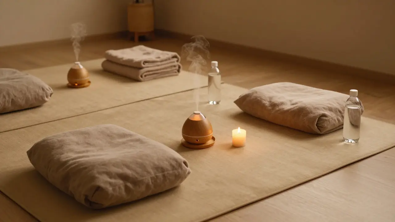 Připravené prostředí pro tantrickou masáž s polštáři, ručníky a svíčkou.