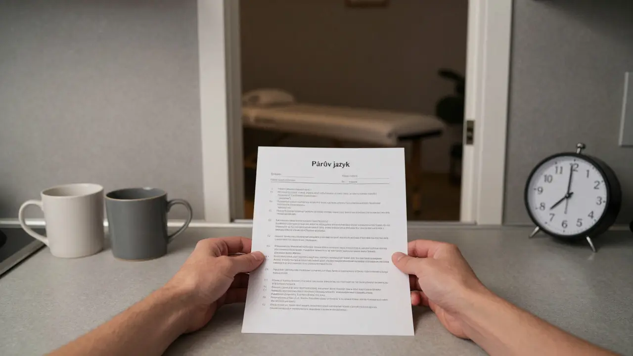 Ruce drží tisknutý dotazník na kuchyňském stole před párovou masáží.