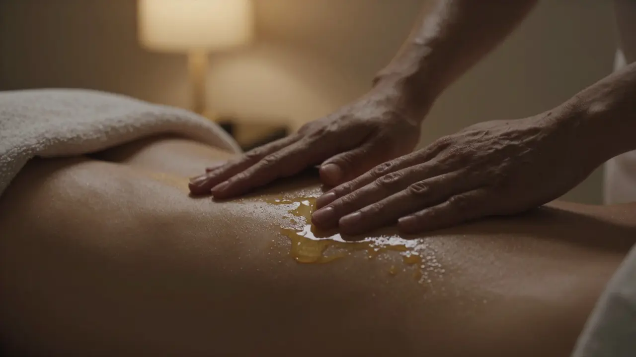 Ruce jemně klouzají po zádech s jemnou vrstvou oleje při měkkém světle.