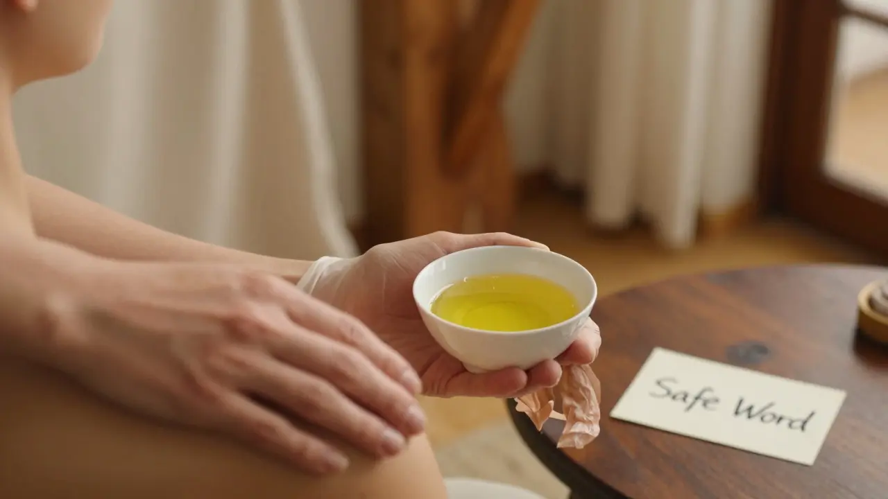 Ruce v rukavicích drží teplou olejovou misku a jemně dotýkají ramene, v pozadí je klidný interiér s přirozenými materiály.