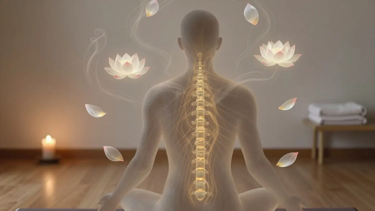 Symbolický obraz lidského těla s jemnými zlatými čarami energie a lotosovými listy, vyjadřující vnitřní probuzení.