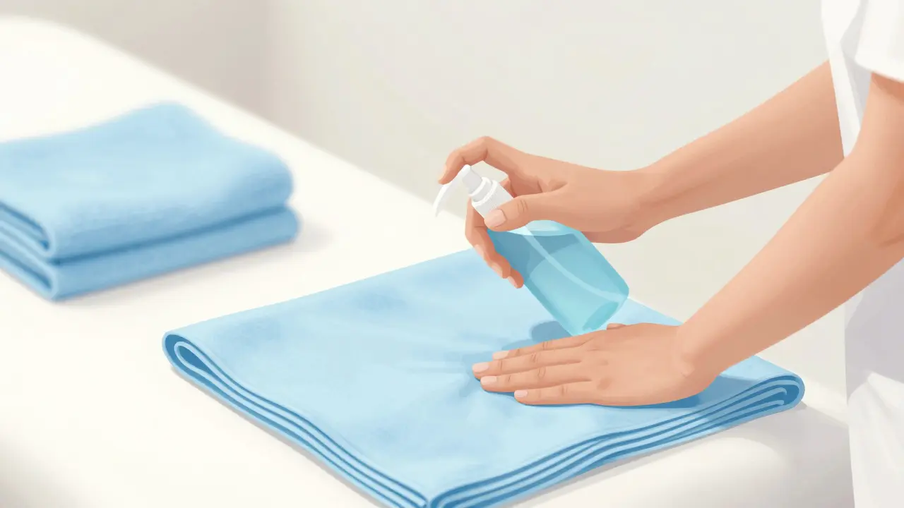 Terapeut dezinfikuje povrchy a připravuje čisté prostřadlo.