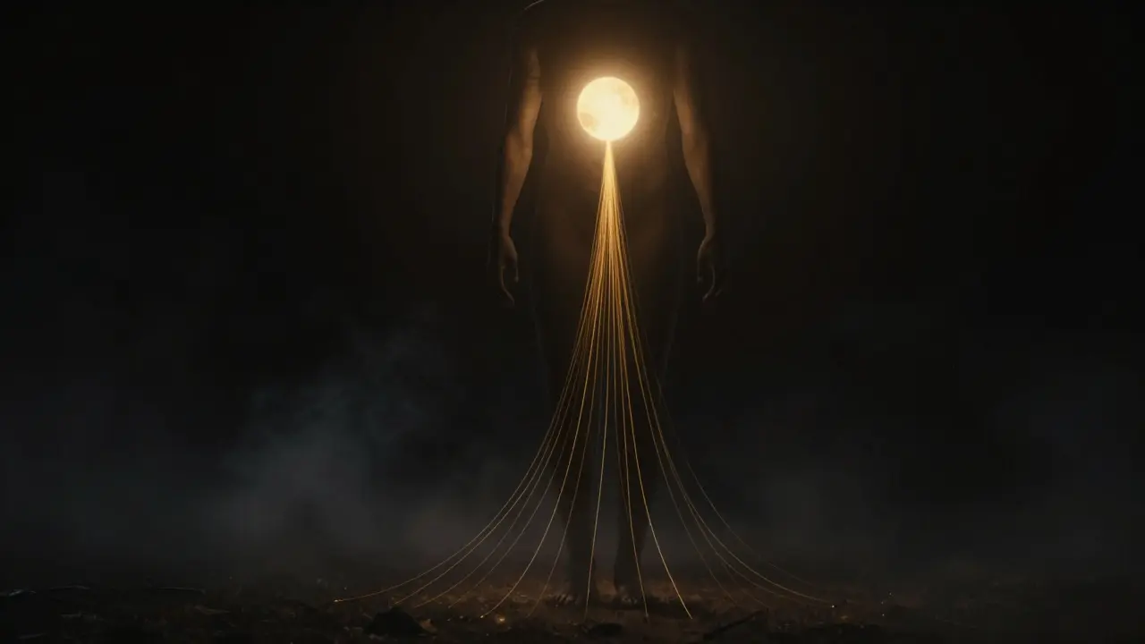 Abstraktní silueta s jasným světelným proudem, který se šíří z břicha do země.