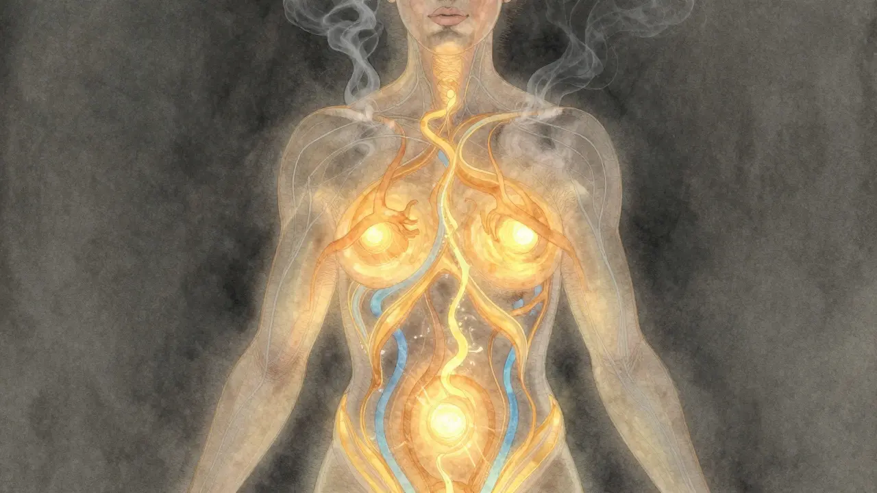Abstraktní znázornění energie, která proudí z pánve vzhůru tělem, zatímco napětí v zádech a čelisti pomalu mizí jako kouř.