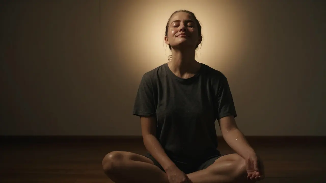 Osoba po masáži, s očima zavřenými a slzami na tváři, osvětlená teplým zářením.